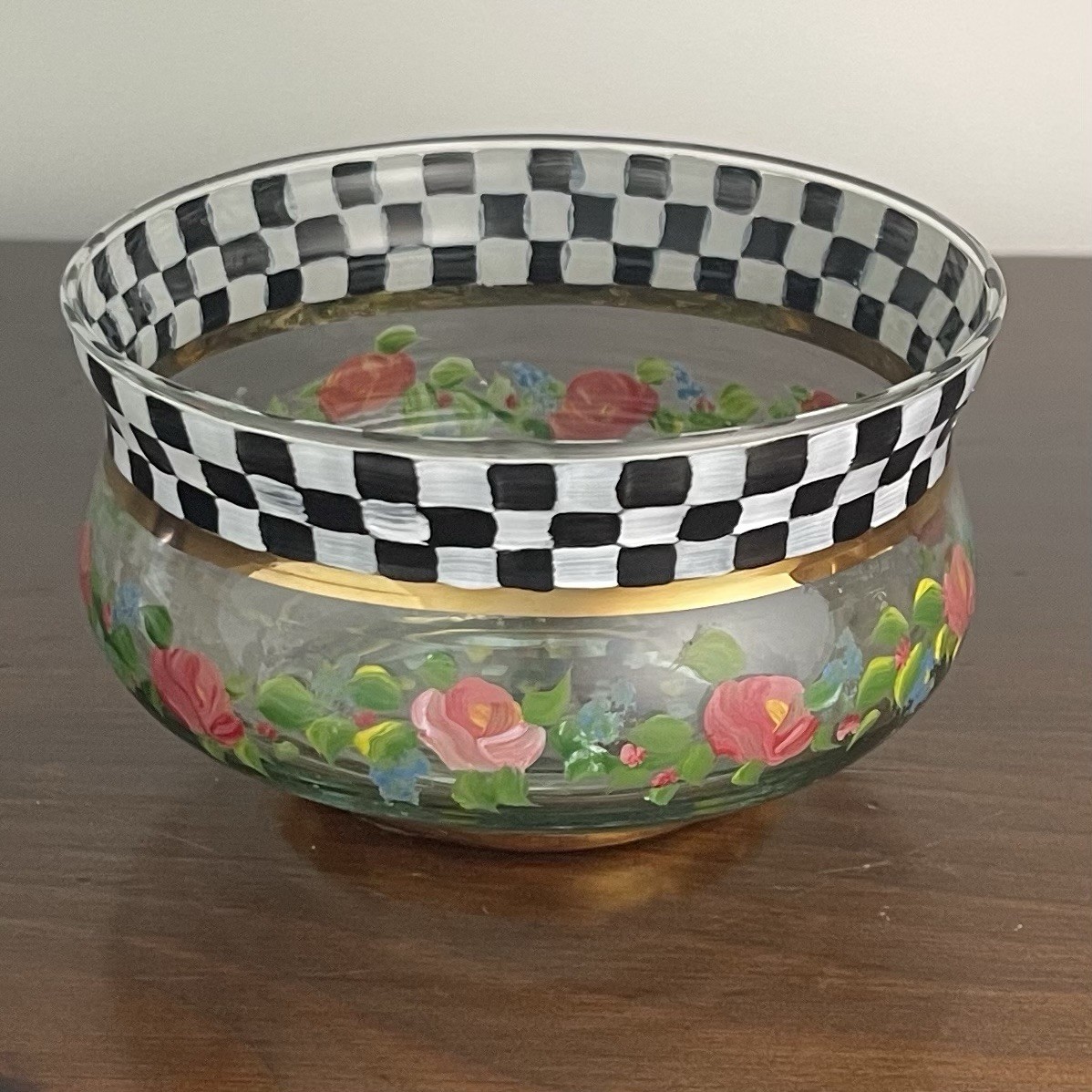 One Vintage 1993 Mackenzie-Childs Circus Rose Floral Courtly Check 4” Glass Bowl