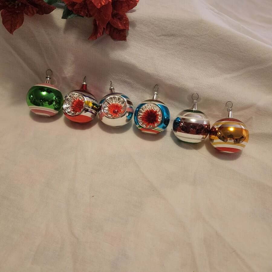6 Vintage Christmas Mercury Glass Feather Tree Ornaments Indents Stripes