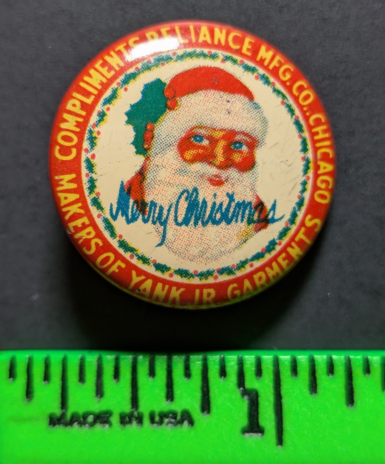Vintage Reliance Company Garments Merry Christmas Santa Pinback Pin