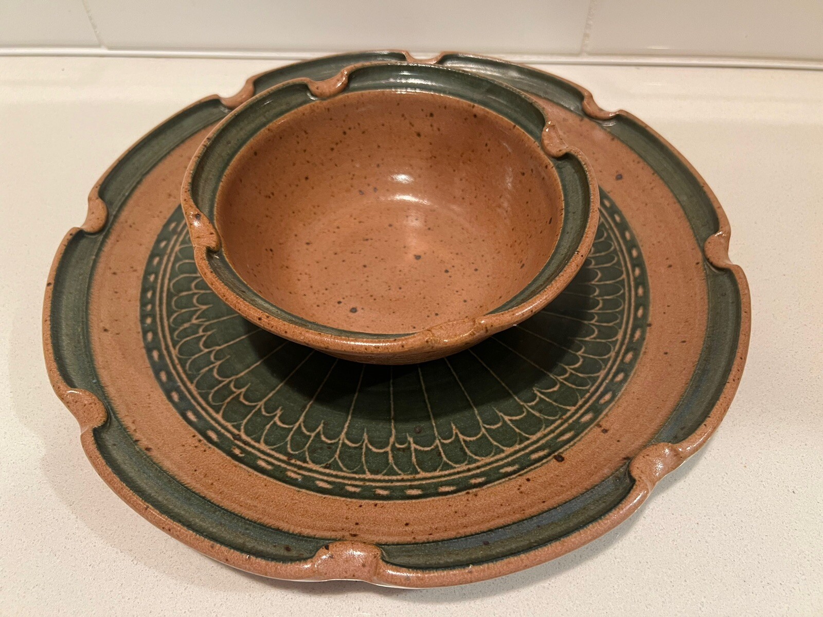 Vintage Handcrafted Clay Pottery Artisan 12” Plate & 6.5”\