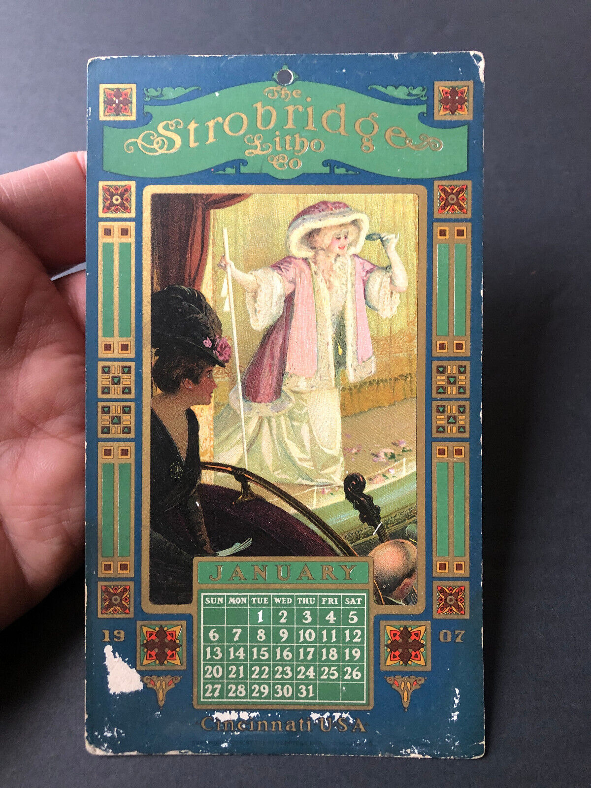 Victorian STROBRIDGE Litho January 1907 Opera Singer Calendar Card Cincinnati OH