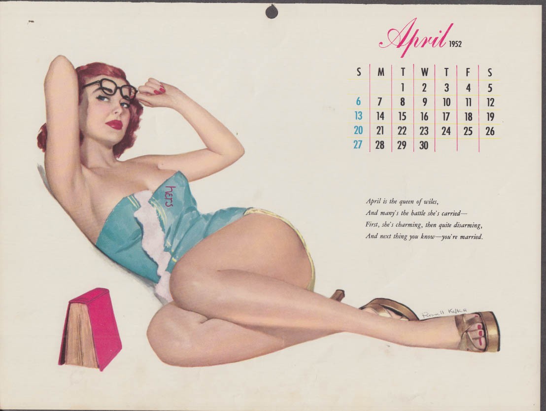 Roswell Keller pin-up calendar page Esquire 4 1952 redhead specs book towel wrap