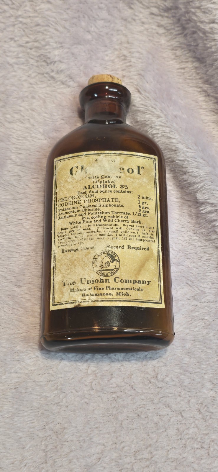 Vintage 1970 Upjohn Pharmaceuticals 4 Oz. Cheracol Collector’s Bottle