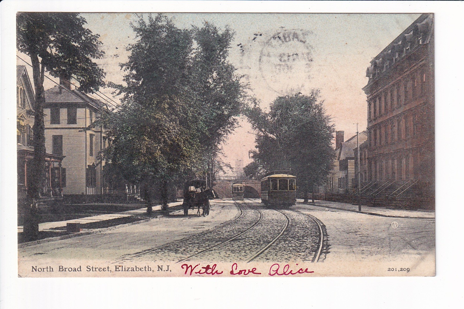 Postcard Trolley & Horse North Broad Street Elizabeth New Jersey NJ USA Posted