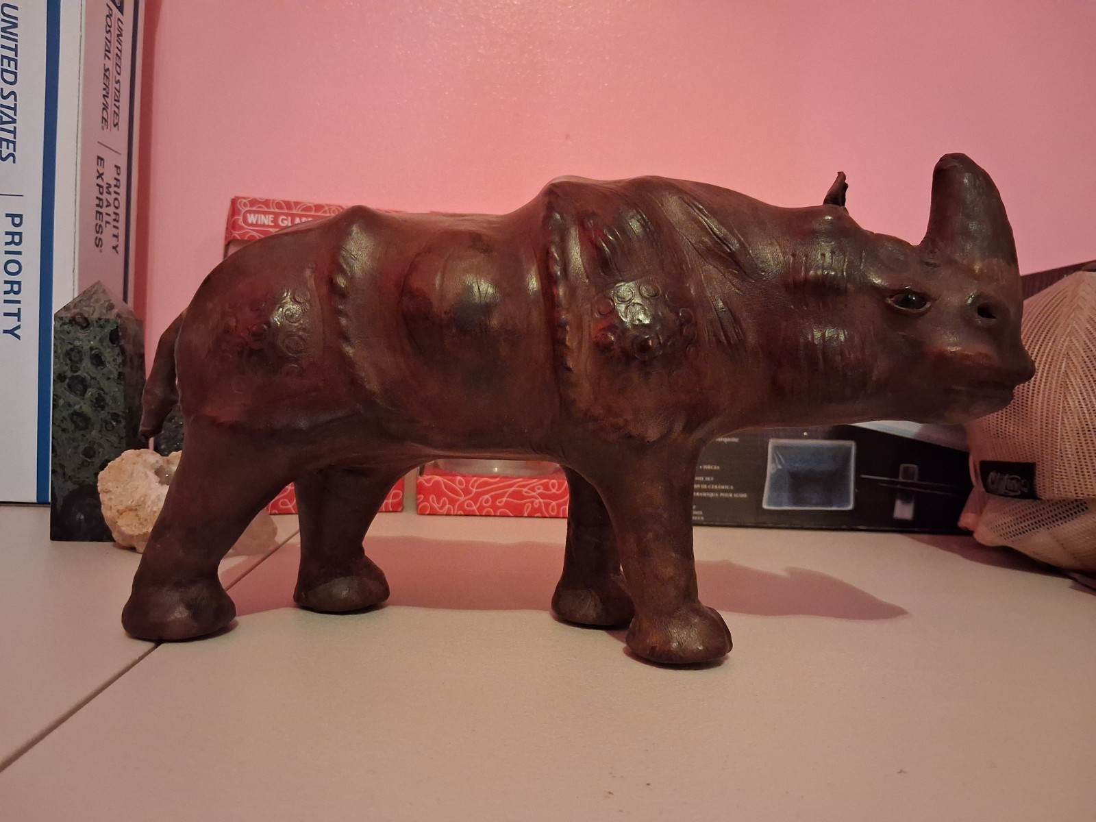 Hand-Stitched Leather Rhinoceros Figurine | Deep Mahogany Patina with Inset...