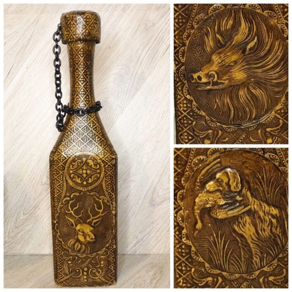 VTG 60s Tooled Embossed Leather Covered Bottle - 3-Sided w/ Hunters Pattern