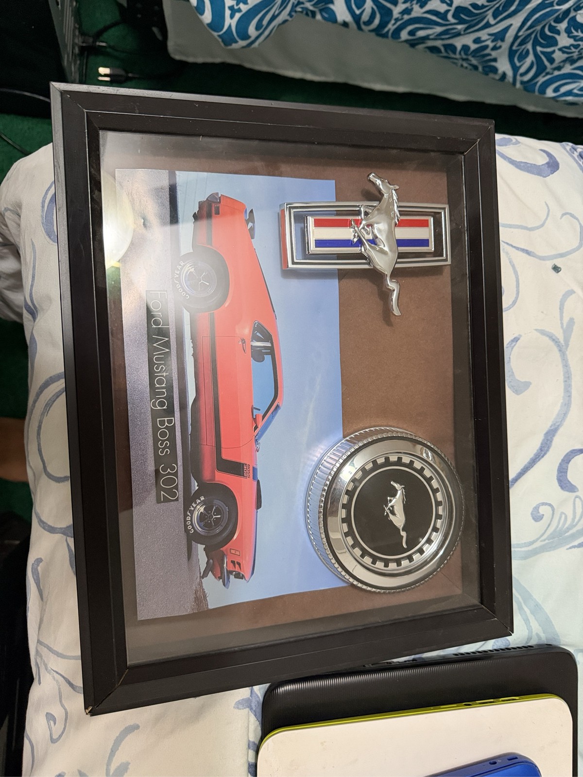 Ford Mustang Boss 302 Display Shadow Box with Emblems and Print Ford Mustang Boss 302 Display Shadow Box with Emblems and Print