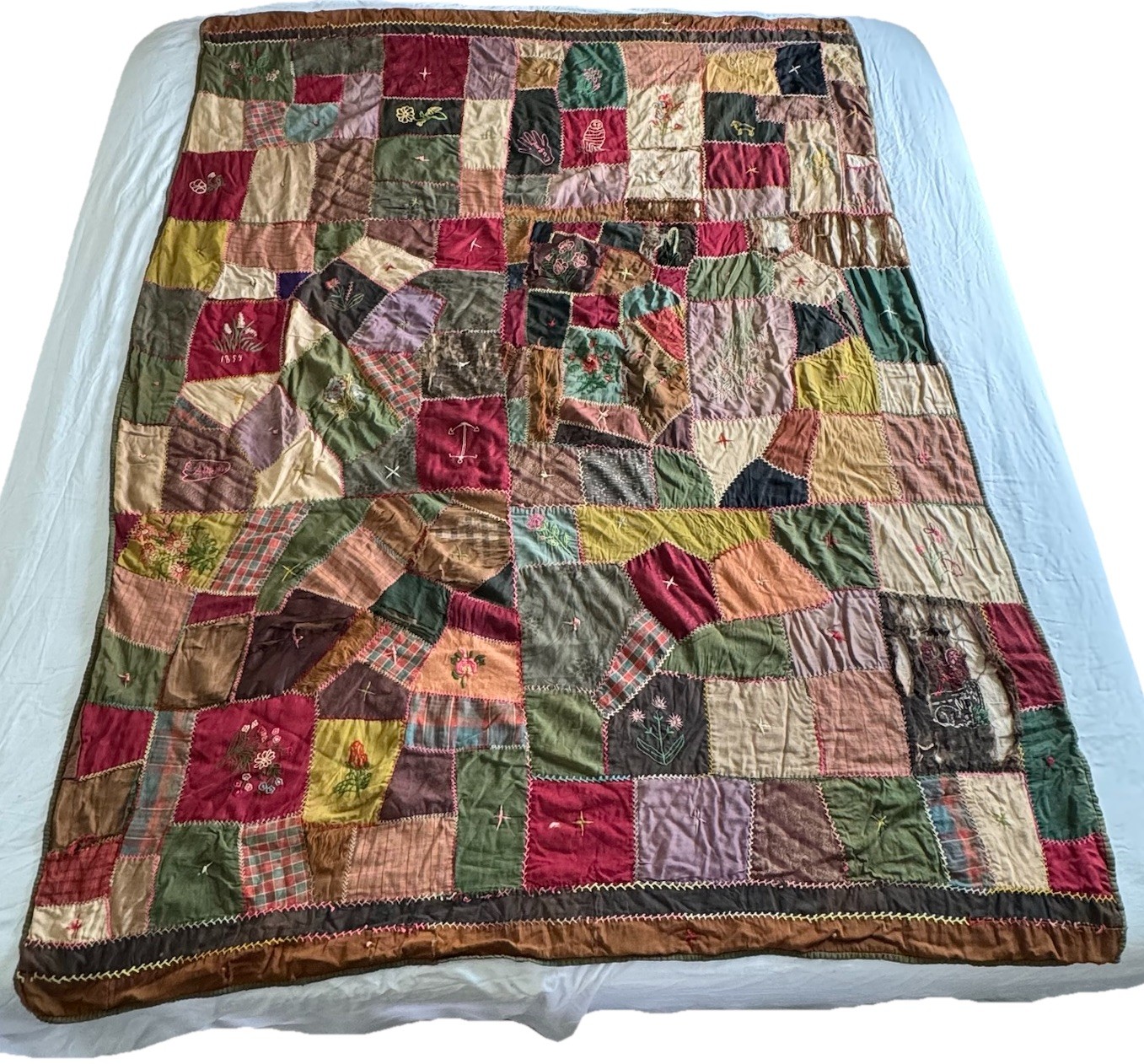 Antique 1890s Tattered Crazy Quilt Hand Pieced Embroidered 60” x 80” Primitive Antique 1890s Tattered Crazy Quilt Hand Pieced Embroidered 60” x 80” Primitive