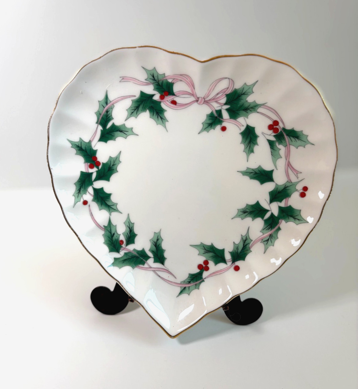 Vintage Mikasa Bone China “Ribbon Holly” Heart-Shaped Dish