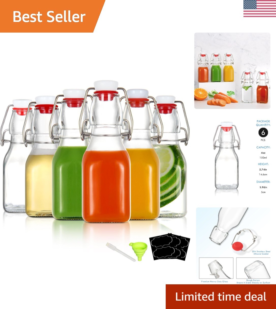 Sleek 4 oz Clear Glass Bottles with Locking Lids - 6 Pack for Kitchen Storage