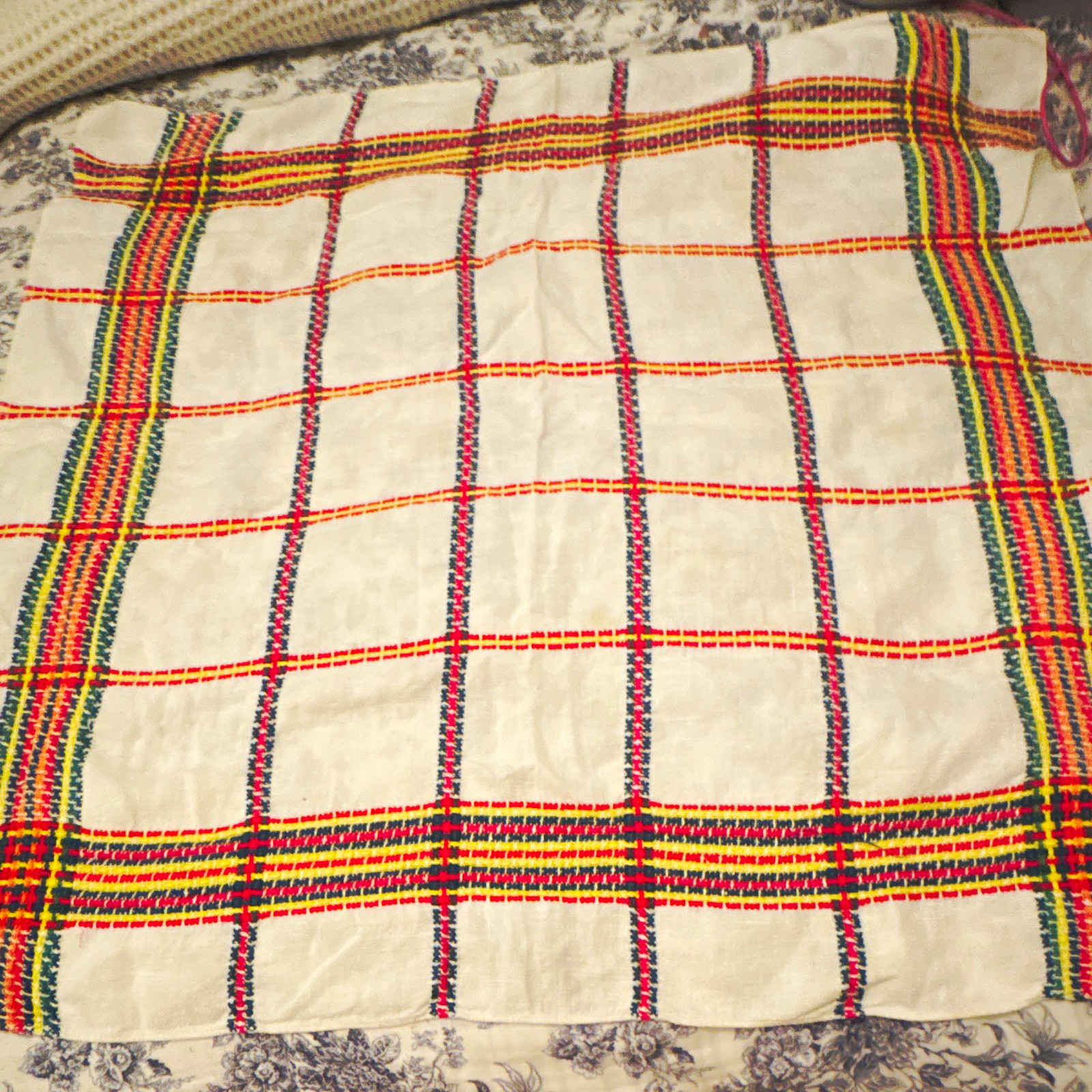 Vintage White Multicolor Table Cloth Square Linen Embroidered  33 in x 30 in