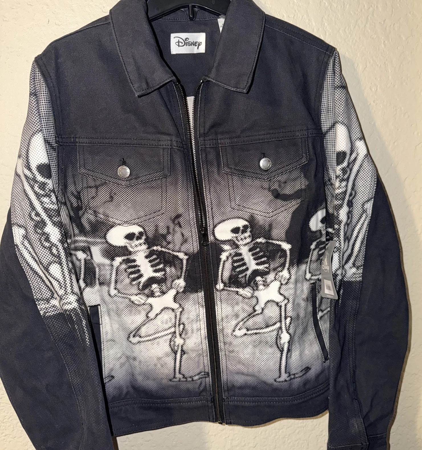 2022 Disney Parks Skeleton Dance Halloween Black Denim Jacket Large SEE DESC