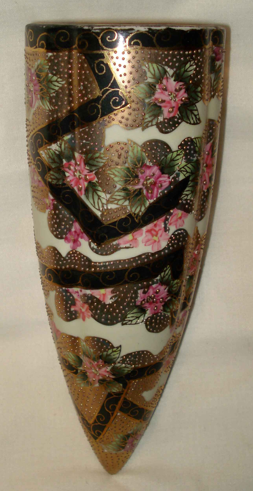 Vintage Hand Painted Porcelain Gold Black Flower Floral Wall Hanging Wallpocket