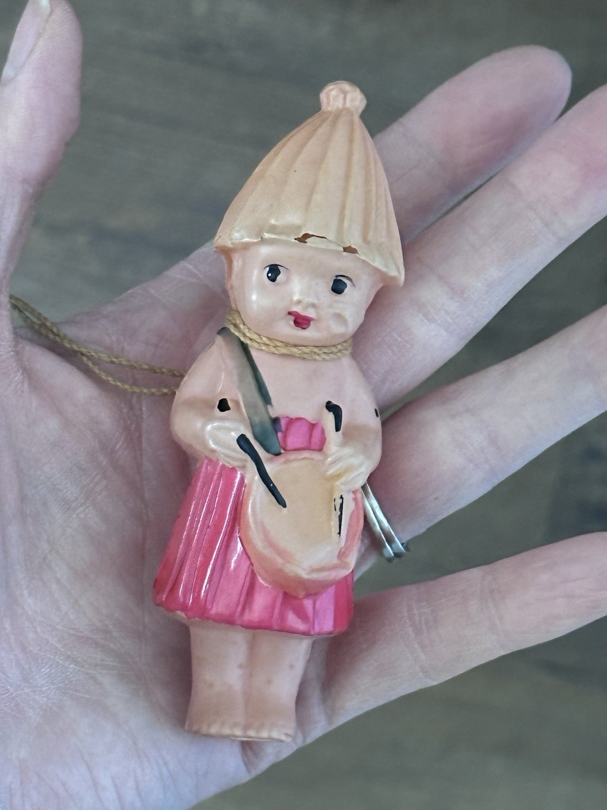 Antique 1930s Japan Celluloid Girl Christmas Ornament 4.25” Hand Painted Rare
