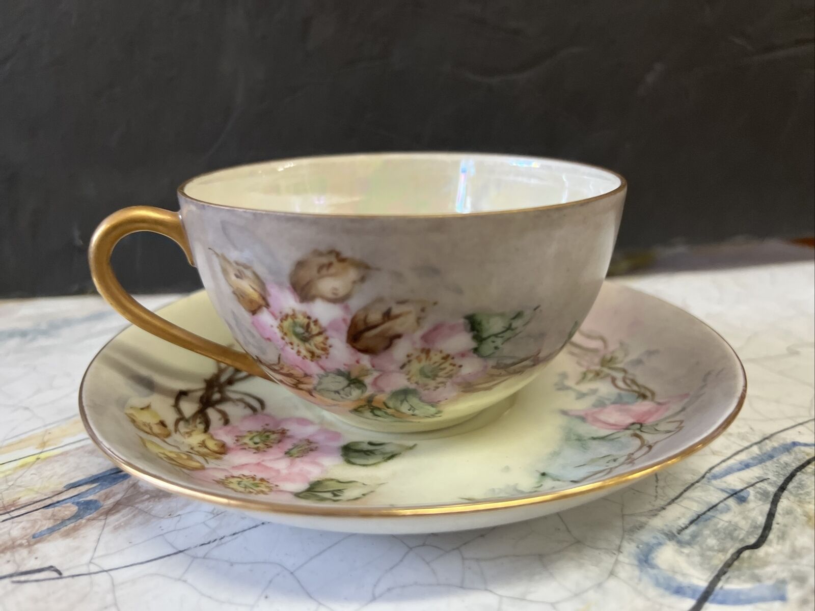 vintage pink floral luster flower gilded teacup & saucer set 