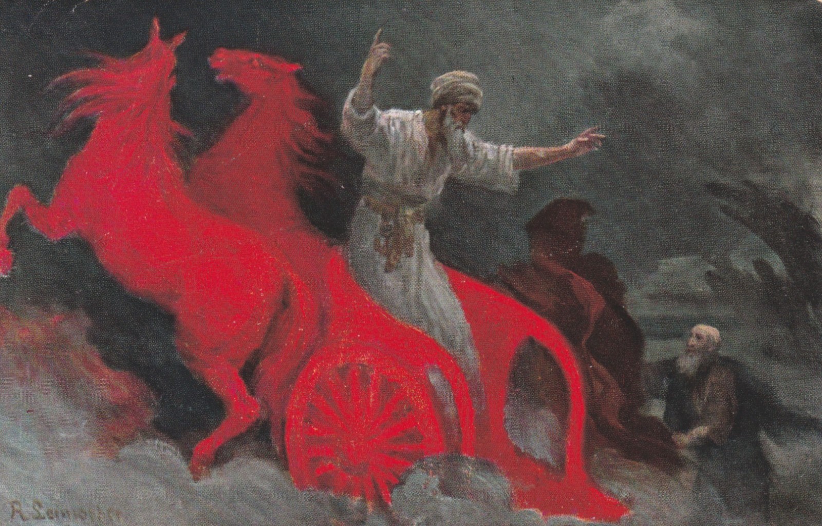 Vintage Postcard Elijah Chariot of Fire Red Horses Robert Leinweber Art