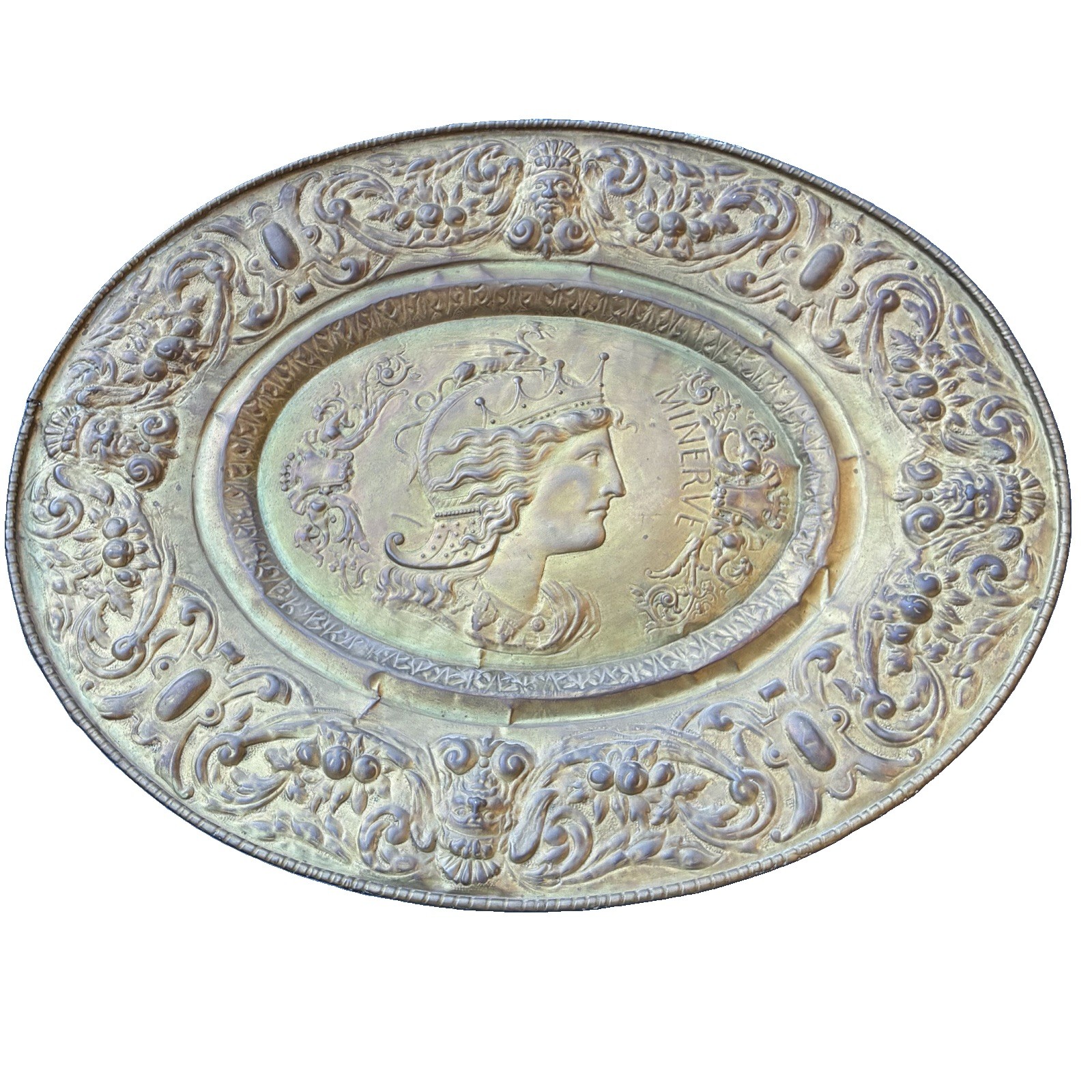 Antique Large Victorian Stamped Brass Repousse Portrait Plaque of Minerva Greek Antique Large Victorian Stamped Brass Repousse Portrait Plaque of Minerva Greek