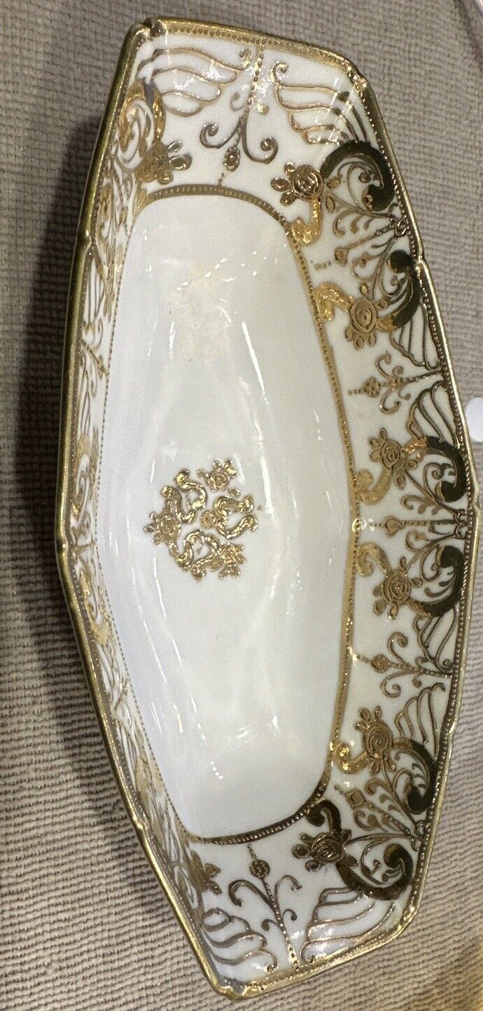 ANTQ Nippon Celery Dish Handpainted Moriage Stamped Porcelain