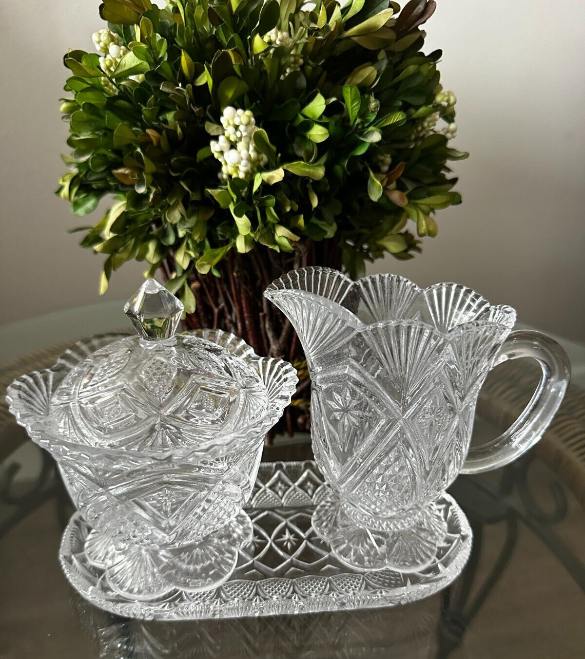 Vintage Shannon Crystal by Godinger / Chatham / Sugar Creamer Tray Set 4pc 1990s