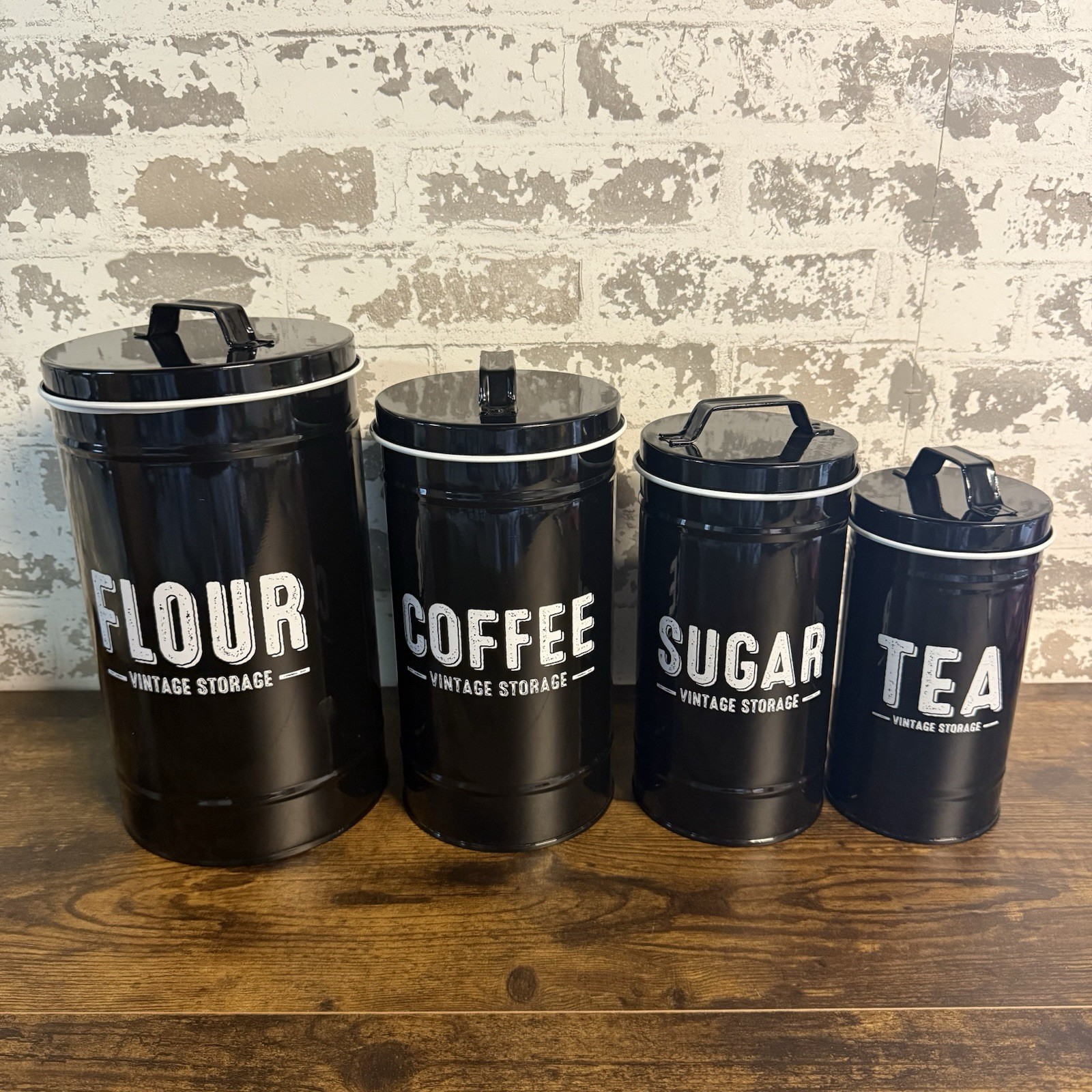 NEW - Farmhouse Flour-Coffee-Sugar-Tea Vintage Storage Counter Containers  Black