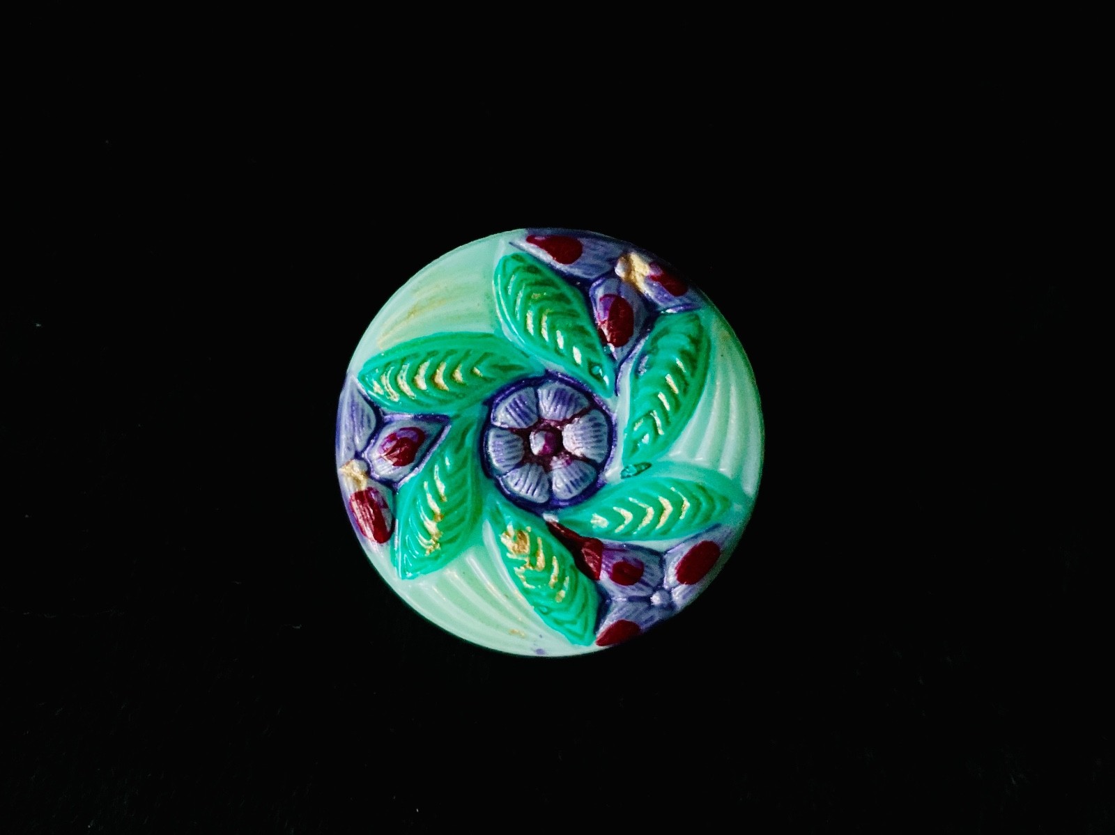27mm Czech Vaseline Glass Hand Painted Floral Button Metal Shank