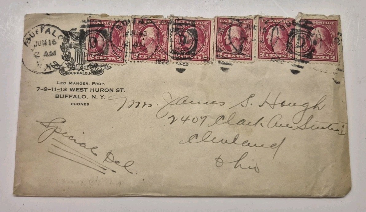 1922 Vintage  Victorian Hotel Buffalo US Envelope with 5 Cancelled 2 Cent Stamps