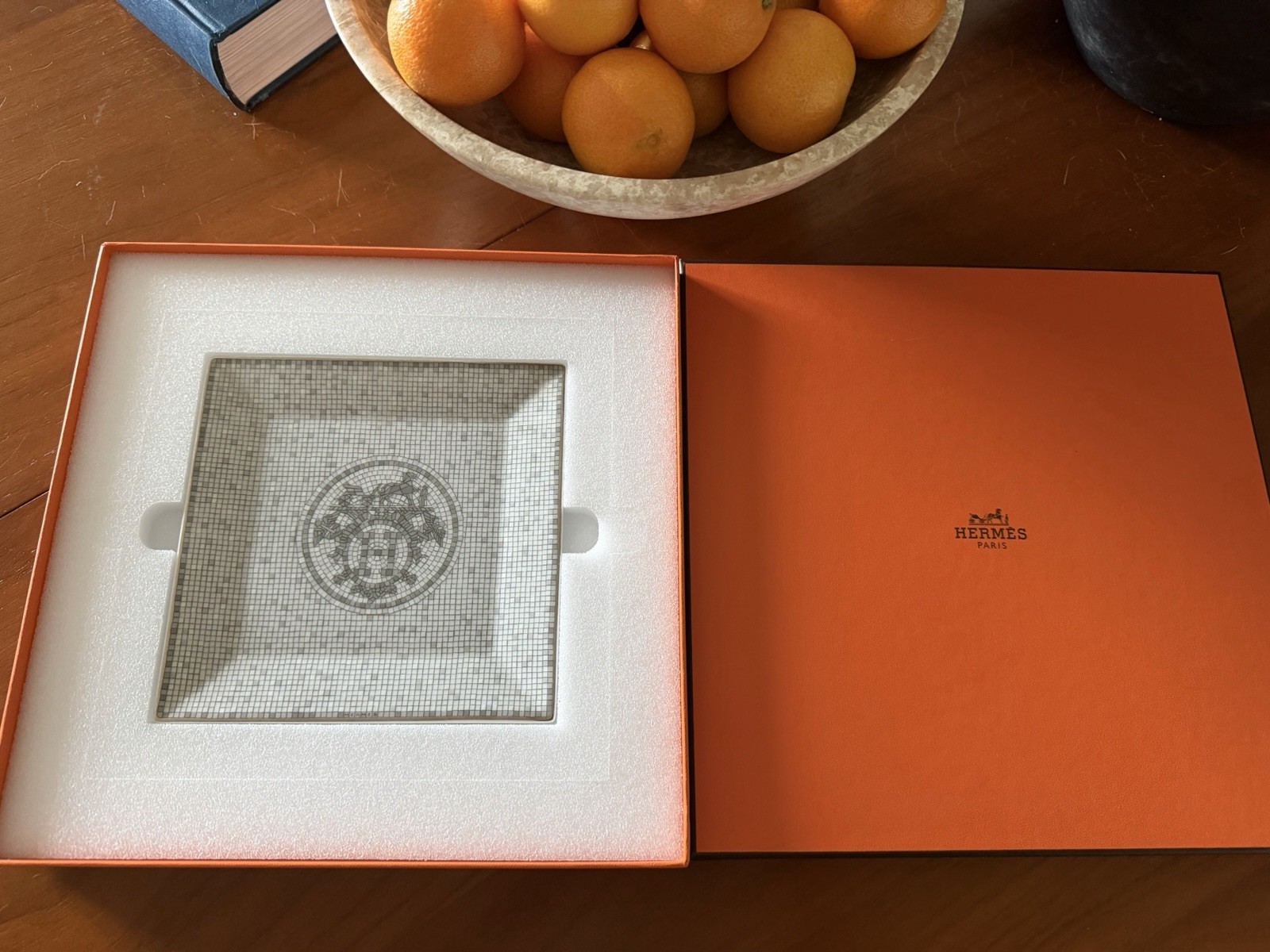 Hermes Square Plate Tray [Mint] Mosaique au 24 Platinum 5.9'' Tableware with Box