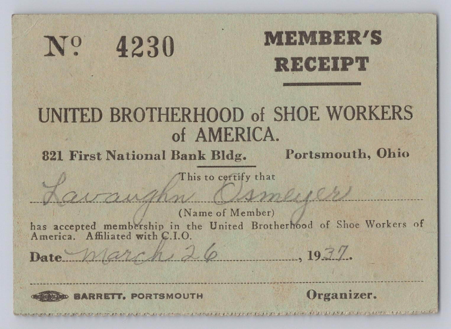 1937 Portsmouth, Ohio United Brotherhood of Shoe Workers of America Card Selby