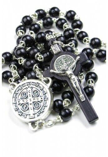 Saint Benedict Black Round Wood Beads Rosary (Italy)