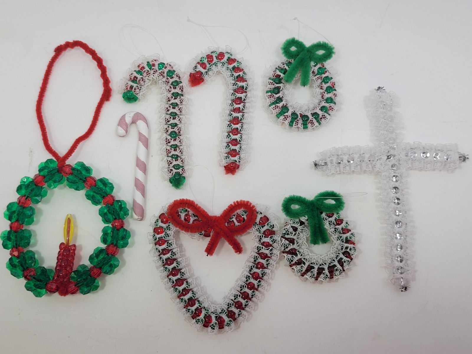 VINTAGE BEADED SEQUIN PLASTIC CHRISTMAS WREATH, CANDLE, CROSS 