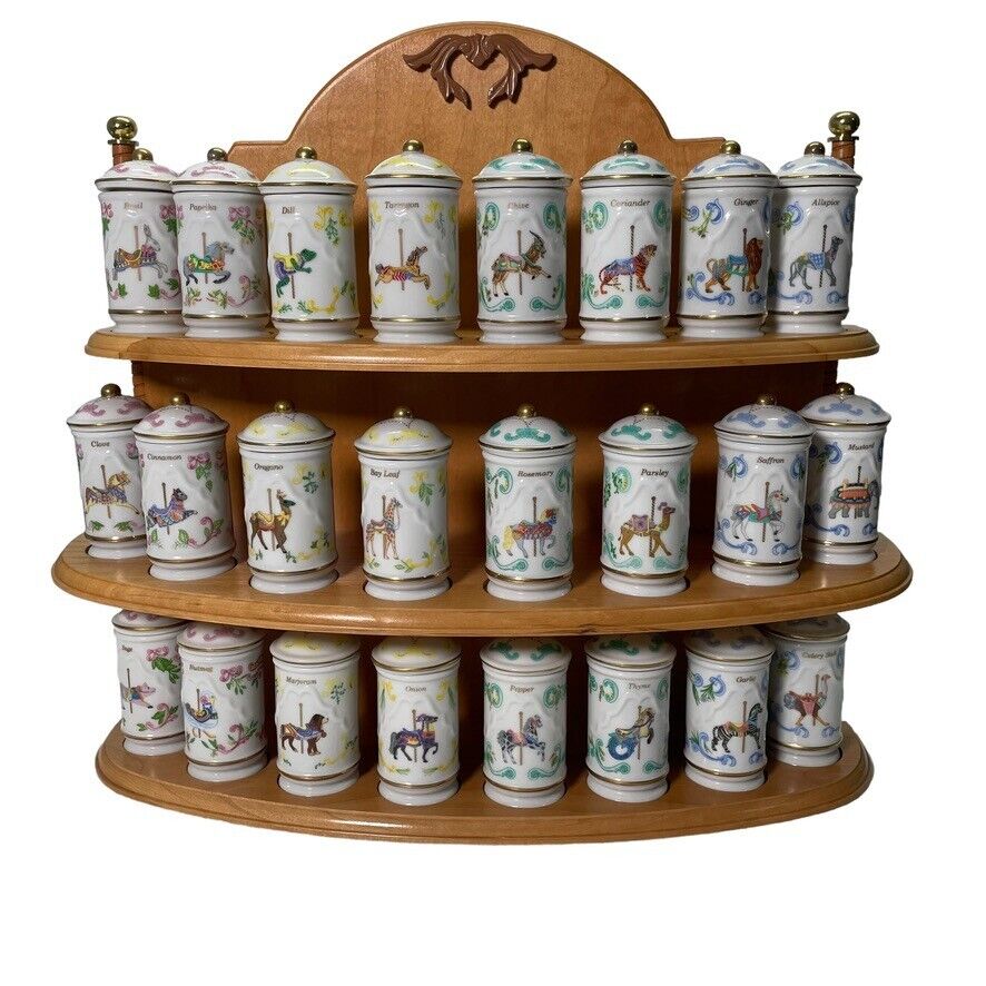 Lenox 1993 Carousel Porcelain Spice Jars & Wooden Rack - Complete Set of 24