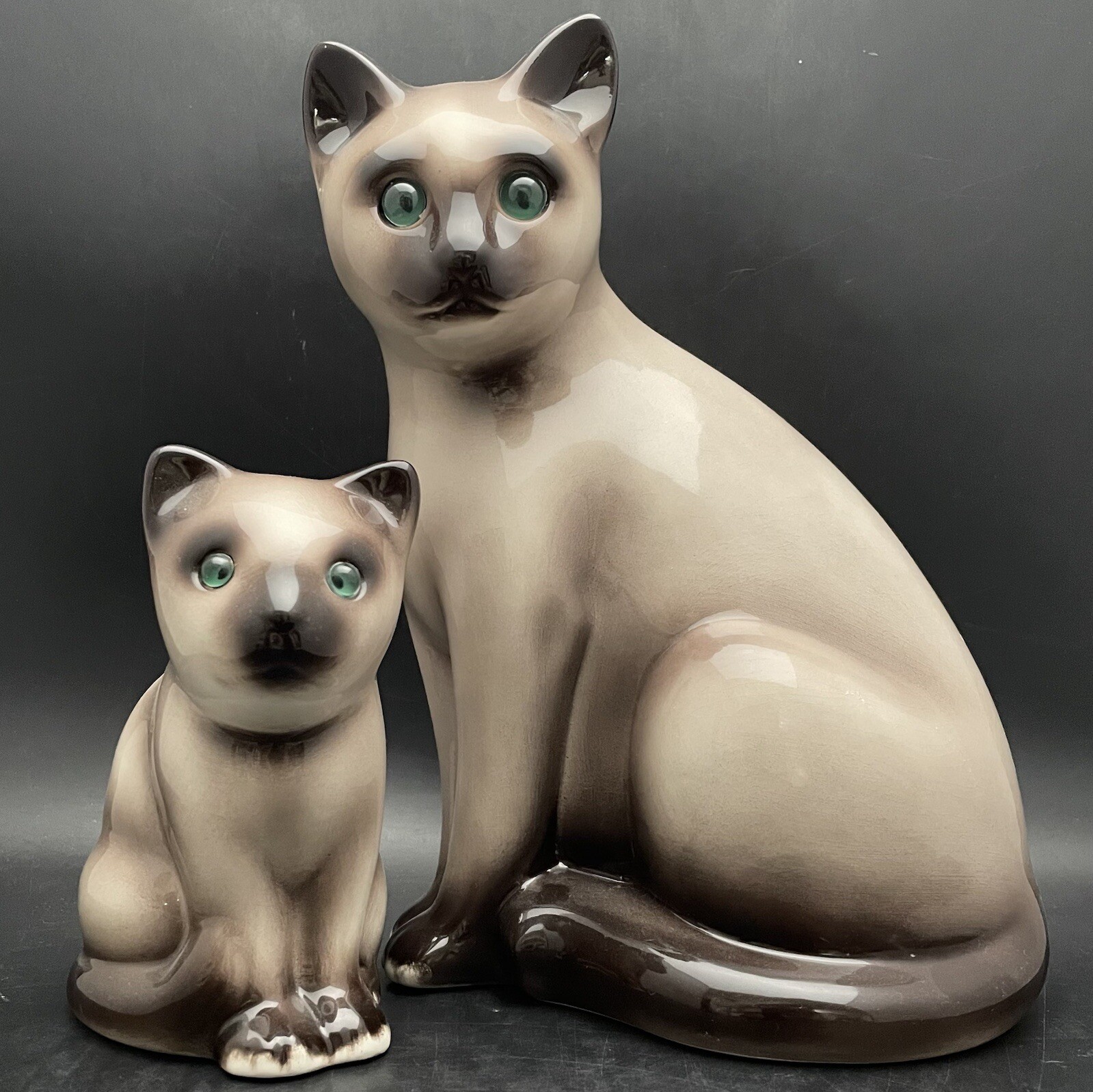 ELPA Alcobaca Siamese Cat & Kitten Figurine 2pc Set Glass Eyes c1970s Portugal