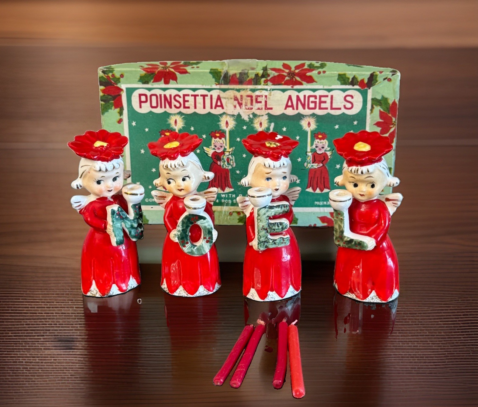 Vintage Commodore NOEL Poinsettia Angels Candle Holders Japan 3053 Boxed Set