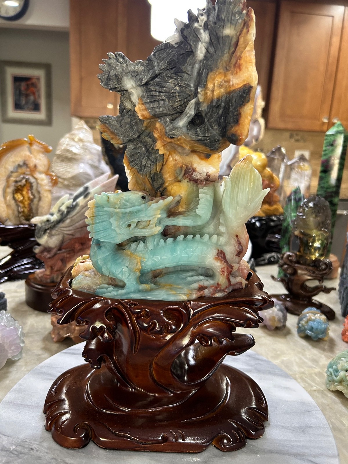 Blue Amazonite Phoenix Bird and Dragon with custom wood stand