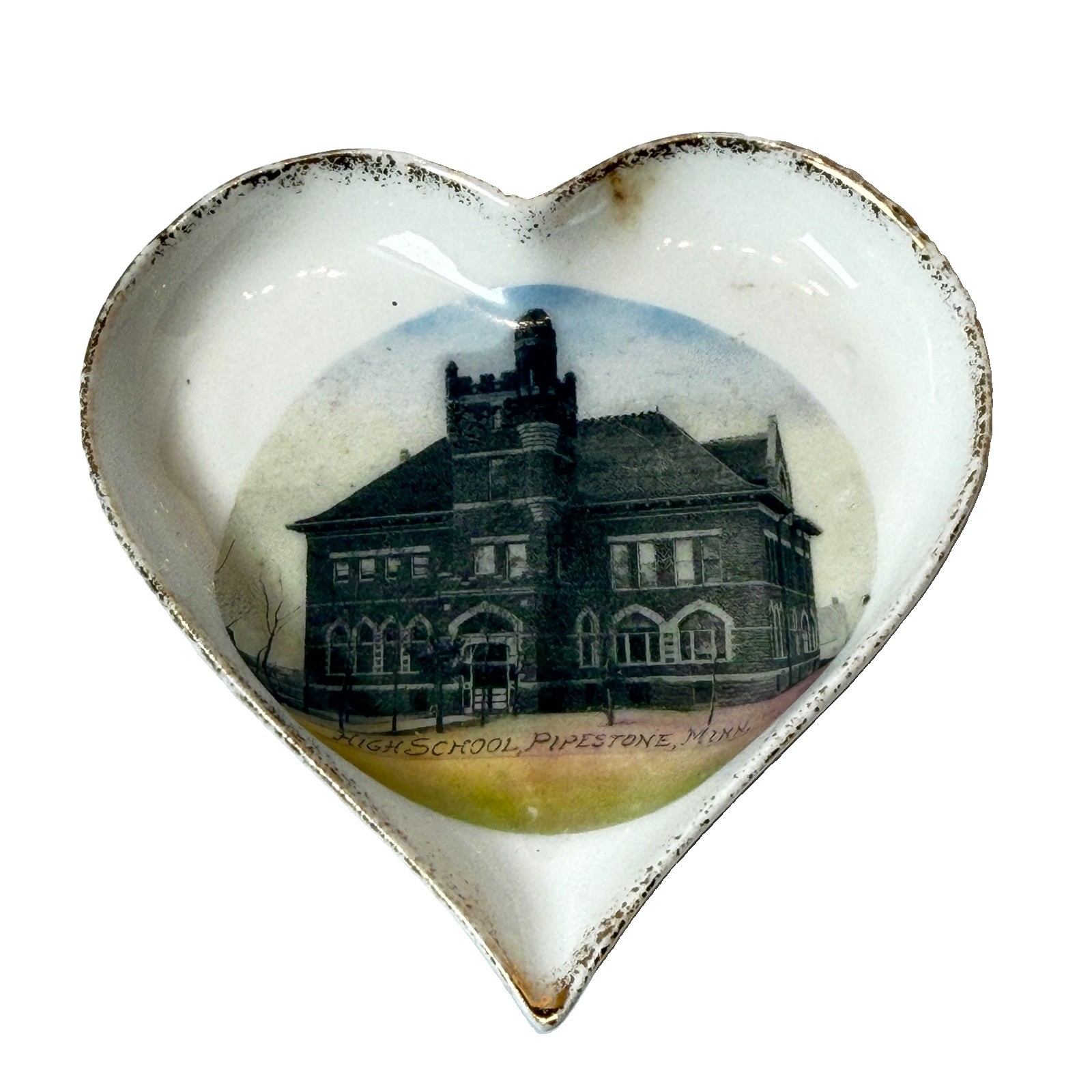 HIGH SCHOOL - PIPESTONE MN MINNESOTA  Souvenir ANTIQUE TRINKET CHINA DISH HEART