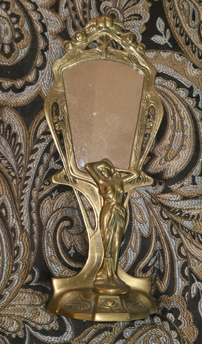 Vintage Art Nouveau Lady Nymph Brass Bronze Metal Vanity Tabletop Mirror Rare