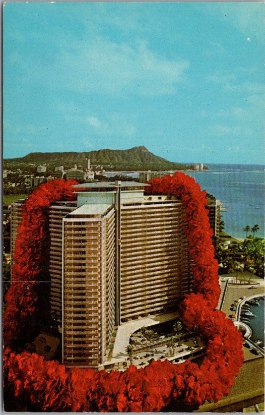 c1960s Honolulu, Hawaii Postcard ILIKAI HOTEL Aerial View / Waikiki Yacht Harbor