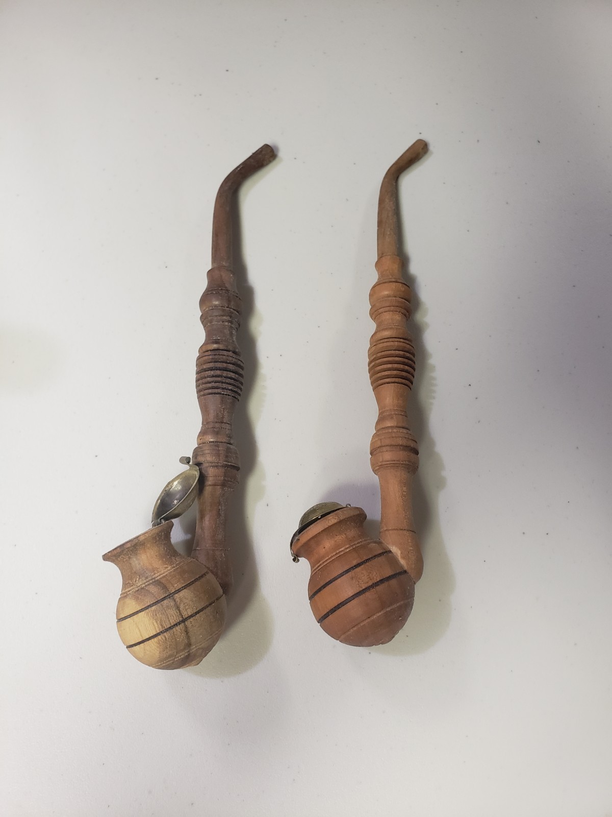 Pair Of Wooden Beehive Pipes With Brass Lids