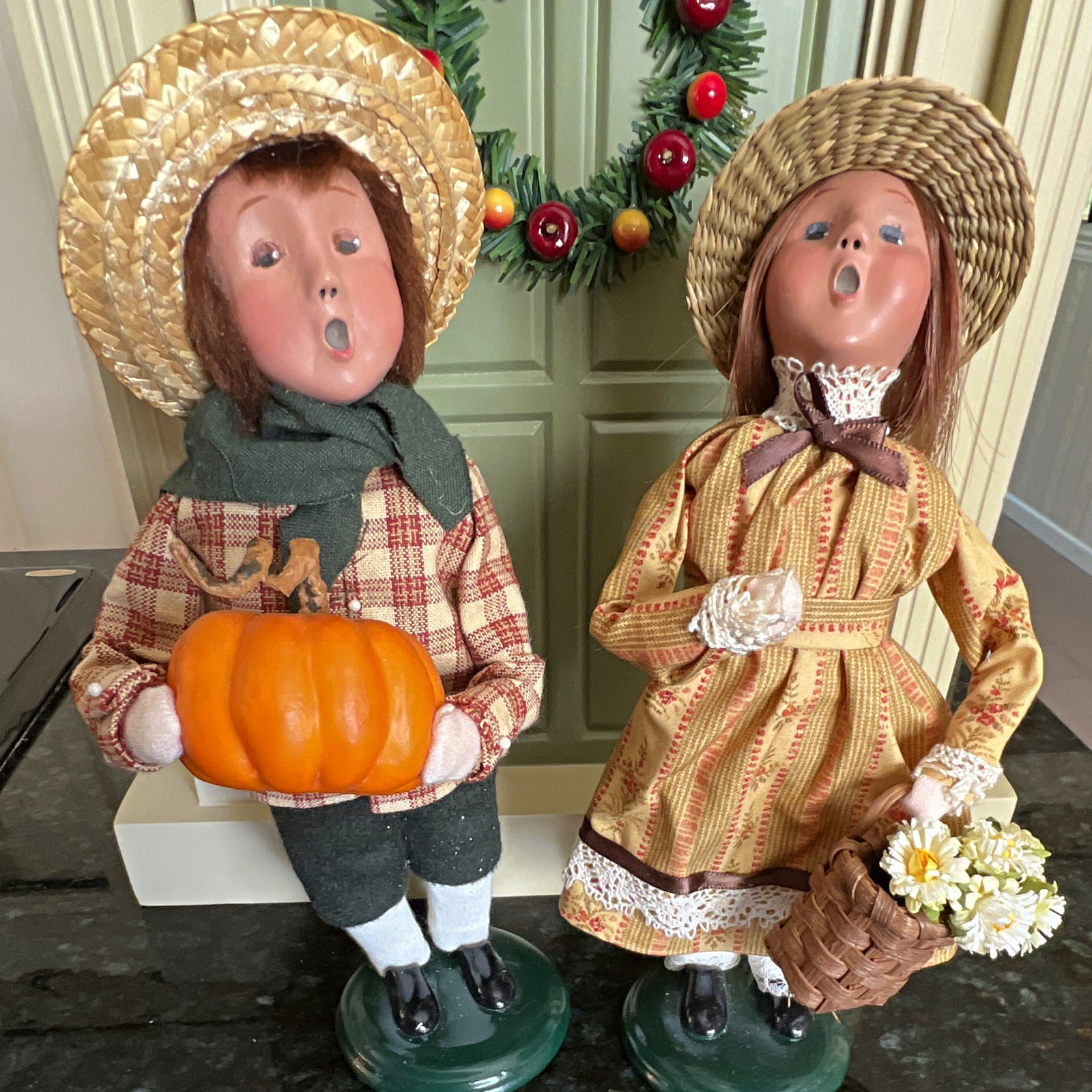 Byers' Choice Fall Harvest Carolers Set boy w/ pumpkin girl w/ basket flowers