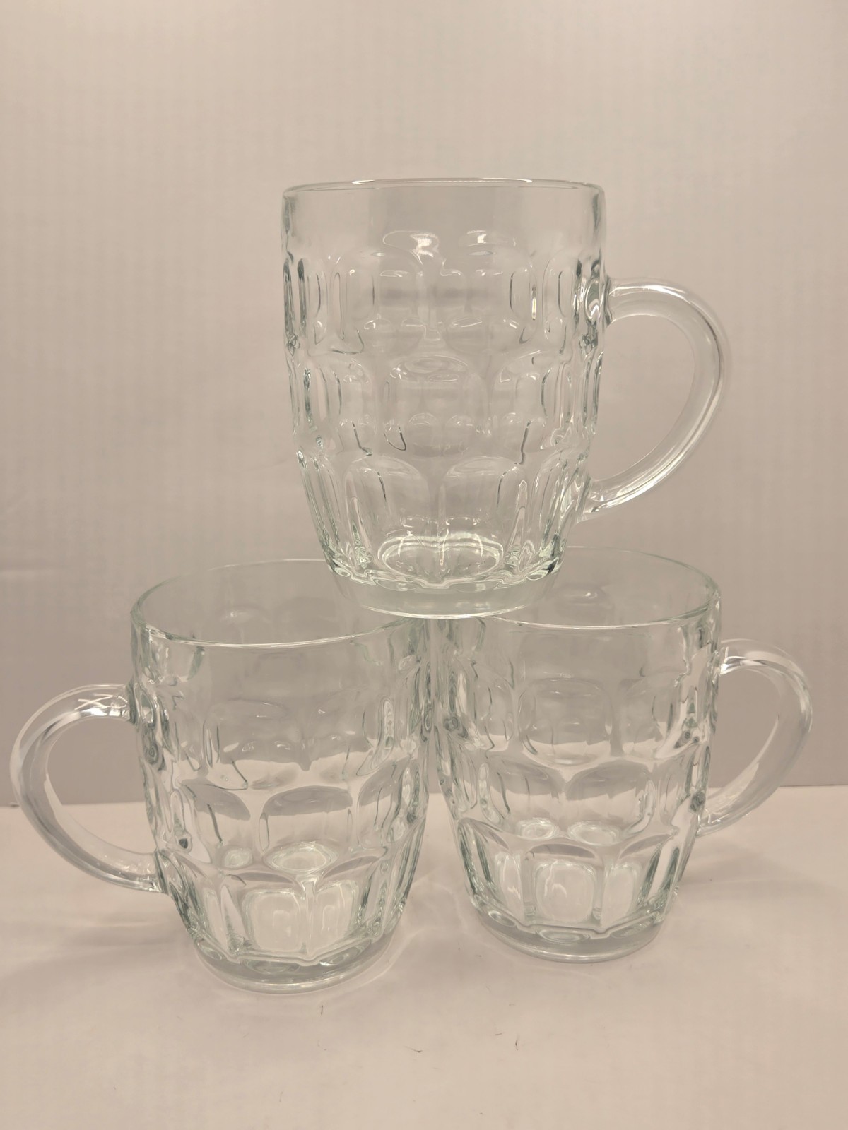 3 Vintage ARCOROC France Britannia 5” Clear Glass Beer Mug Luminarc Thumbprint 3 Vintage ARCOROC France Britannia 5” Clear Glass Beer Mug Luminarc Thumbprint