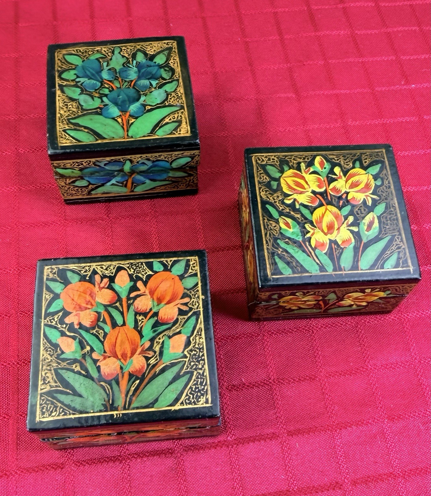 Vtg Hand Painted Kashmiri Wooden Trinket Boxes Set 3 Floral Lacquered Box Lot