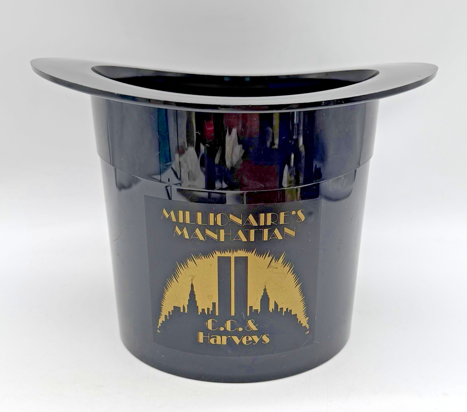 Vintage Millionaire\'s Manhattan Twin Towers Black 1970 Top Hat Ice Bucket w/ Lid