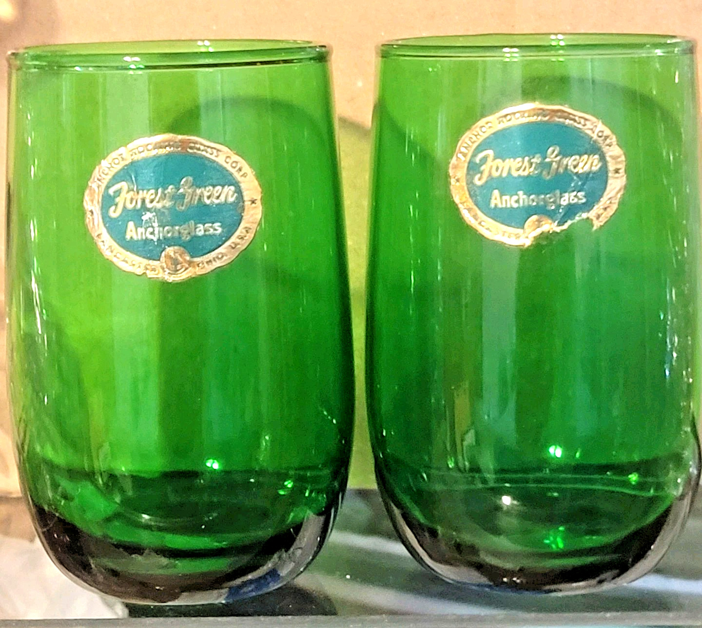 AnchorGlass 2 Forest Green Juice Glasses 1960s Original Sticker Anchor-Hocking 
