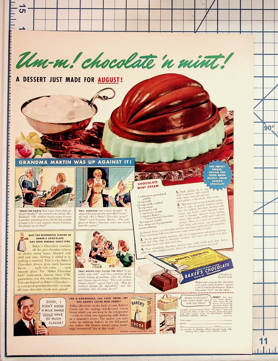 1939 Baker's Chocolate Mint Cream Dessert Recipe Vintage Magazine Ad