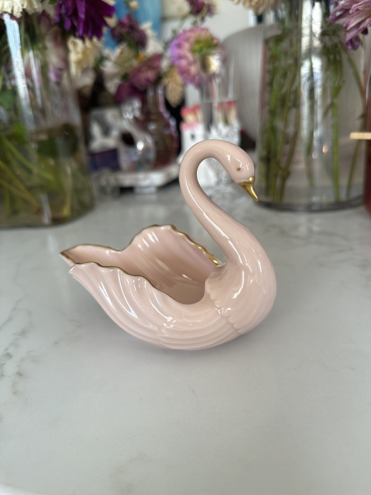 Vtg LENOX SWAN Porcelain PINK w/ Gold TRINKET DISH USA Blue Makers Mark 5\