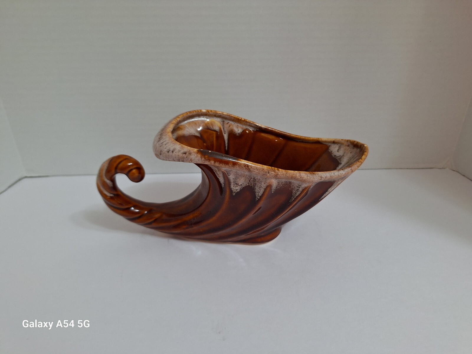 Vintage Brown Drip Glaze Planter Succulents Medium Cornucopia Shape White Tan