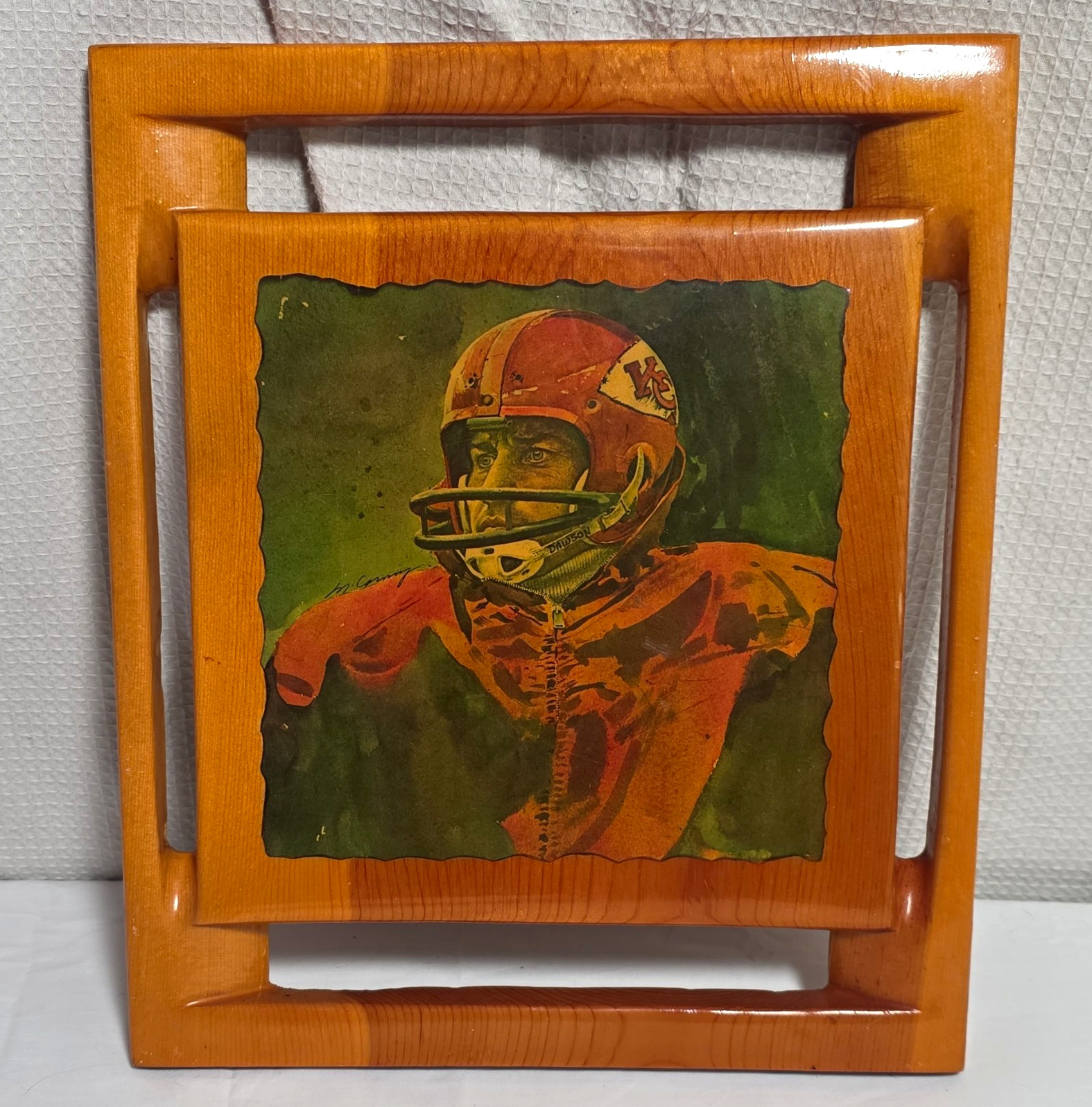 1970s Vintage Wood Wall Plaque KC Chiefs Football Player Signed Len Dawson