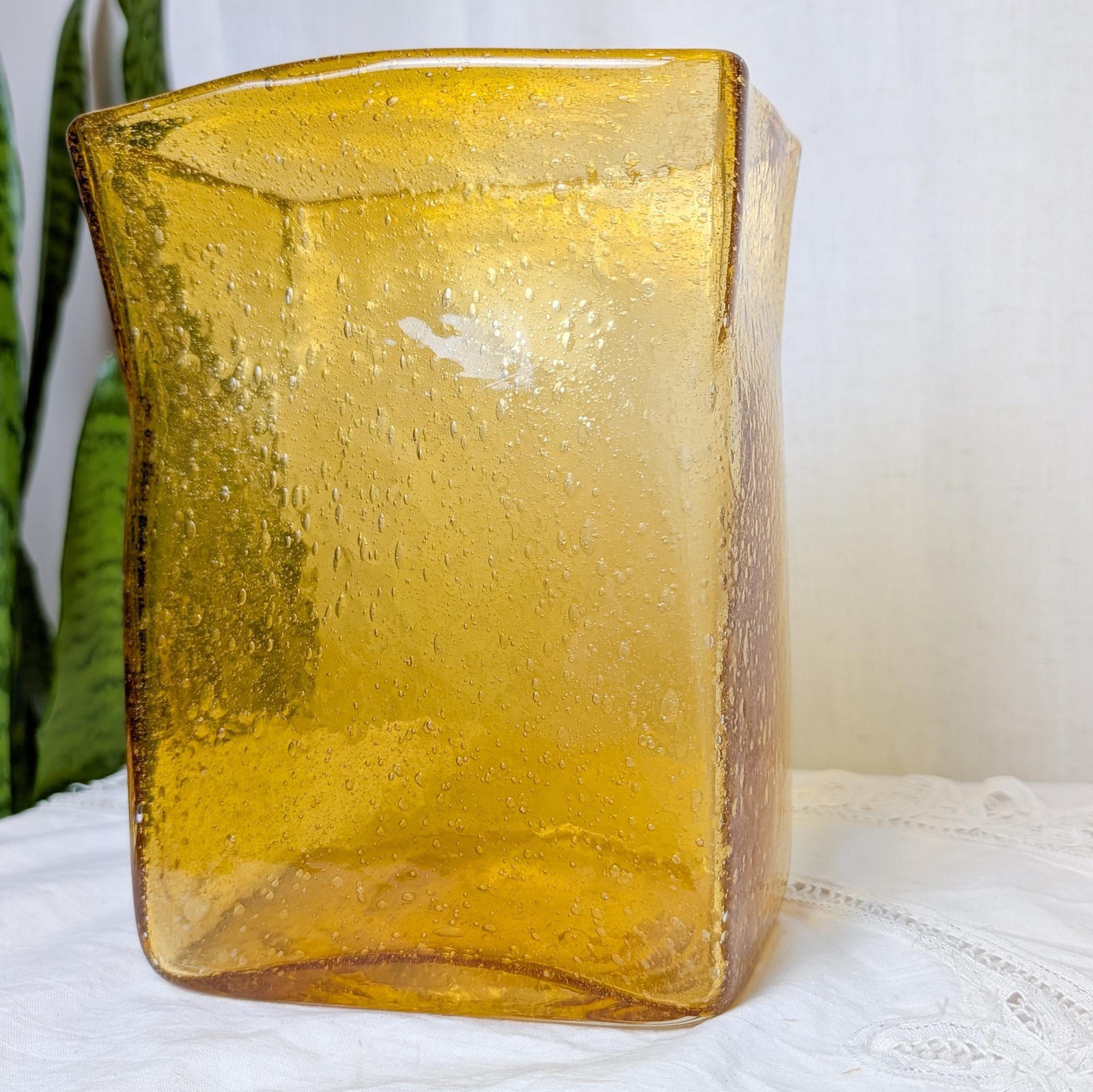 Blenko Hand Blown Rectangular Amber Glass Vintage Vase