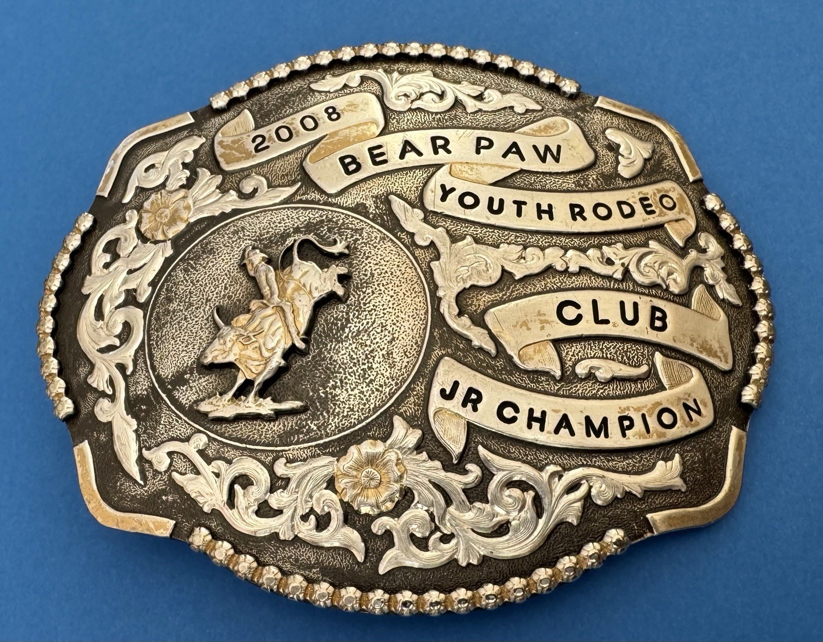 Vintage 2008 Bear Paw Youth Rodeo Club Jr Champion BULLRIDING Trophy Belt Buckle Vintage 2008 Bear Paw Youth Rodeo Club Jr Champion BULLRIDING Trophy Belt Buckle