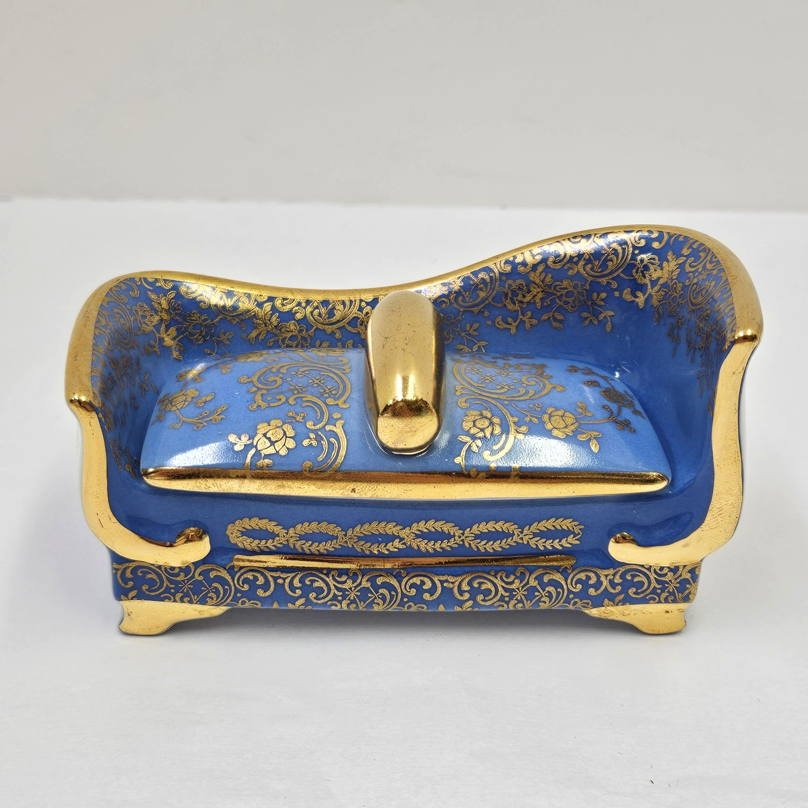 Limoges Porcelain Trinket Box Hand Painted Couch Divan Blue & Gold Victorian